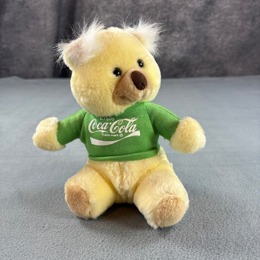 Vintage Coca-Cola Whatabear Plush Yellow Teddy Bear Green Logo Shirt 7 Inch